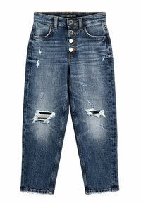 Džínové kalhoty v tmavě modré barvě s vysokým pasem, pěti knoflíkovým zapínáním, distressed detaily a roztrhanými nohavicemi na kotnících.