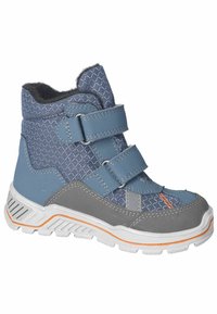 Botín sintético texturizado azul con dos correas de Velcro, acentos grises y una suela blanca con un detalle naranja en el borde.