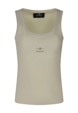 Débardeur beige à côtes avec larges bretelles et petit logo centré présentant une boussole et les lettres "PXP".