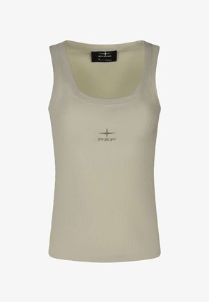 Débardeur beige à côtes avec larges bretelles et petit logo centré présentant une boussole et les lettres "PXP".