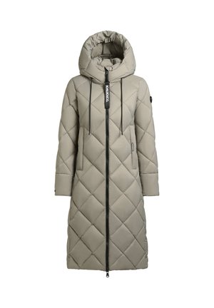 Padded kaput u svijetlosivoj boji s kvadratnim dizajnom, visokim ovratnikom, zatvaranjem na zatvarač, povlačenjem na vezivanje i bočnim džepovima.