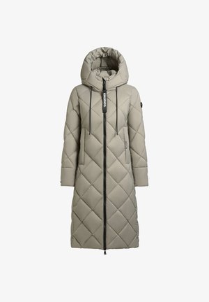 Zateplený kabát ve světle šedé barvě s prošívaným vzorem, vysokým límcem, zapínáním na zip, stahovacími šňůrkami a bočními kapsami.