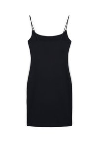 Abito nero senza maniche, aderente, con spalline sottili e scollatura dritta su sfondo bianco.