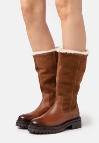 Stivali alti fino al ginocchio in suede marrone con una tomaia in pelle testurizzata e un colletto morbido foderato in pelo. Suola in gomma spessa con un motivo tassellato per una buona aderenza.
