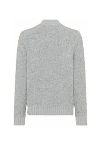 Grauer strukturierter Pullover mit geripptem Saum und Bündchen. Verfügt über einen runden Ausschnitt und einen weichen, flauschigen Stoff für zusätzliche Wärme und Komfort.