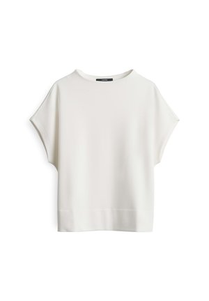 White short-sleeve top with a relaxed fit, wide neckline, and smooth texture. Features clean lines and a seamless hem detail.