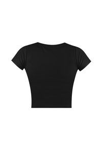 Schwarzes, kurzes T-Shirt aus weichem Stoff. Kurze Ärmel und runder Ausschnitt. Einfaches Design ohne Muster oder Verzierungen.