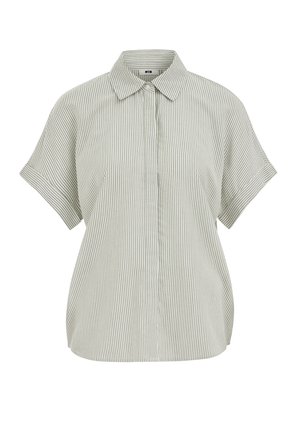 Majica z kratkimi rokavi in ohlapnim krojem z vertikalnimi tankimi sivimi in belimi črtami, spičastim ovratnikom ter skritim sprednjim zapenjanjem z gumbi.