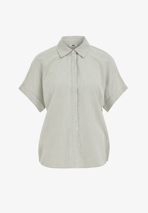 Majica z kratkimi rokavi in ohlapnim krojem z vertikalnimi tankimi sivimi in belimi črtami, spičastim ovratnikom ter skritim sprednjim zapenjanjem z gumbi.