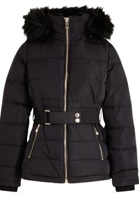 Giubbotto piumino nero con cappuccio in pelliccia sintetica staccabile, vita con cintura, chiusura con zip e due tasche laterali. Design trapuntato testurizzato.