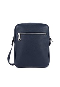 Borsa a tracolla compatta in pelle blu navy con tasca anteriore con cerniera e tracolla regolabile, superficie strutturata.