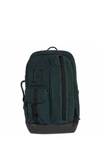 Zaino in tessuto verde scuro con un ampio scomparto principale, tasca frontale con zip, spallacci regolabili e una base nera per maggiore durata.