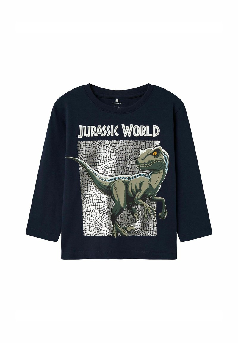 Marinesblaues Langarm-T-Shirt mit einem Grafikdruck eines Dinosauriers mit gelben Augen und Schuppen vor einem strukturierten silbernen Hintergrund.