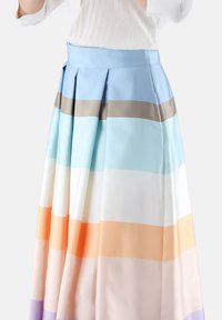 Pleated skirt featuring a blue waistband with horizontal stripes in light blue, grey, white, orange, and peach, made of smooth fabric.