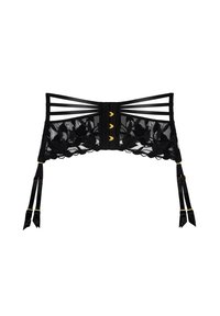 Bas de corset en dentelle noire avec motifs floraux, sangles verticales, finition dorée et rubans satinés avec clips réglables.