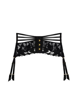 Bas de corset en dentelle noire avec motifs floraux, sangles verticales, finition dorée et rubans satinés avec clips réglables.