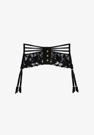 Bas de corset en dentelle noire avec motifs floraux, sangles verticales, finition dorée et rubans satinés avec clips réglables.