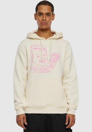 Cream-colored hoodie made of soft fabric, featuring a pink graphic design of a smiling character holding cash and the text "MAKE MONEY NO FRIENDS."