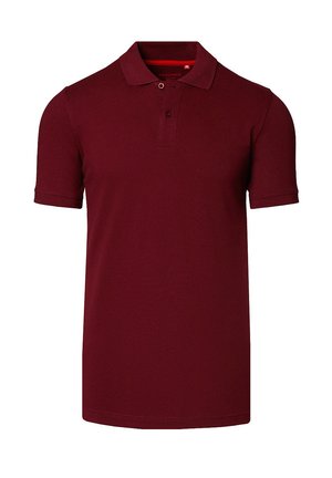 Bordowa koszulka polo z gładkiego materiału, z klasycznym kołnierzykiem, krótkimi rękawami, zapięciem na dwie guziki oraz metką logo wewnątrz kołnierzyka.