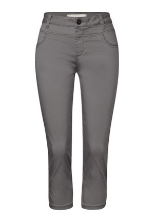 Grijze cropped broeken met een gladde textuur, voorzien van een ritssluiting aan de voorkant, zijzakken en subtiele stikdetails.