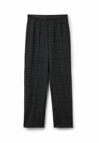 Grijze geruite broek met een losse pasvorm, voorzien van een elastische tailleband en een mix van rode en blauwe ruitpatronen door de stof.