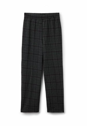 Pantalones de cuadros grises con un corte holgado, que cuentan con una cintura elástica y una mezcla de patrones de cuadrícula rojos y azules en toda la tela.