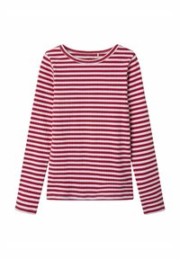 T-shirt à manches longues featuring des rayures horizontales rouges et blanches, en tissu côtelé avec un col rond et des finitions contrastantes.