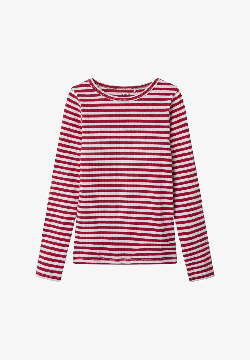 Langärmliges Oberteil mit rot-weißen horizontalen Streifen, aus geripptem Stoff mit Rundhalsausschnitt und kontrastierenden Abschlüssen.