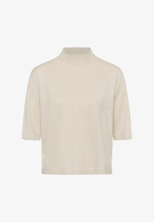 Hellbeige Oberteil mit kurzen Ärmeln und hohem Stehkragen, strukturierte Oberfläche und subtilen Schimmer; lässige Passform, keine sichtbaren Verschlüsse oder Muster.