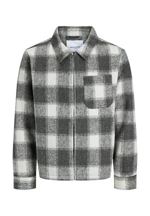 Men’s black and white checkered fleece jacket with collar, full front zipper, and left chest pocket by Jack & Jones.