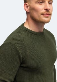 Olivgrüner, gestrickter Pullover mit geripptem Muster und Rundhalsausschnitt, eng anliegendes Design, das die Schultern und die Brust betont.