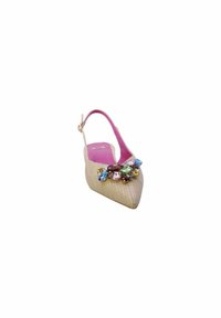 Scarpa slingback beige con punta affusolata, caratterizzata da una decorazione di gioielli in pietre multicolori e una soletta rosa.
