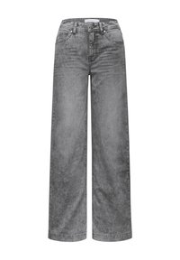 Jeans a vita alta grigi con gamba ampia, dotati di tasche frontali e posteriori, chiusura con bottone e zip, e una leggera sfumatura.