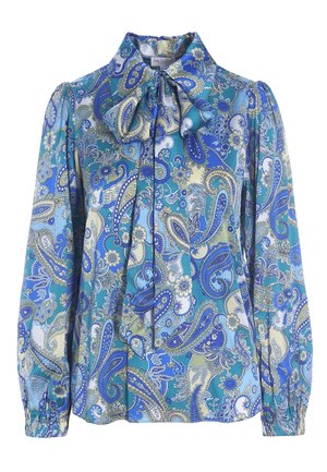 Halenka s dlouhými rukávy se vzorem modrých a zelených květin paisley, s límečkem na zavazování mašle a nařasenými manžetami.