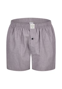 Šedé kostkované trenýrky vyrobené z lehkého materiálu. Mají elastický pas, jeden knoflík a štítek umístěný vzadu.