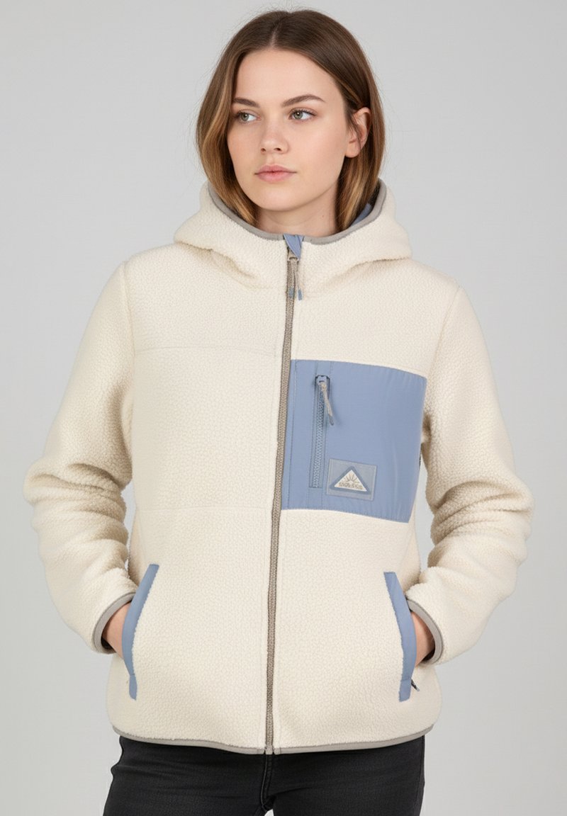 Fleece-Hoodie in Creme mit einer blauen Brusttasche. Verfügt über einen durchgehenden Reißverschluss, eine Kapuze und Taschen. Weiche Textur mit einem gemütlichen Design.