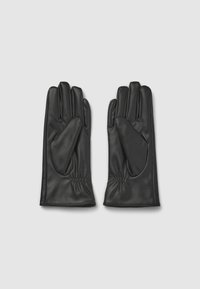 Gants en cuir noir avec une texture lisse. Ils ont un design classique avec des détails froncés au niveau du poignet pour un ajustement serré.