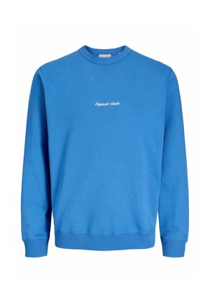 Sweatshirt en coton bleu avec un col rond, des manches longues, des poignets et un ourlet côtelés, orné de texte blanc brodé sur le devant.