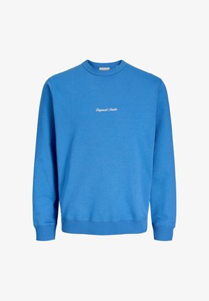 Sweatshirt en coton bleu avec un col rond, des manches longues, des poignets et un ourlet côtelés, orné de texte blanc brodé sur le devant.