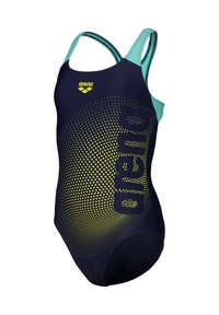 Costume da bagno intero blu navy con spalline turchesi, caratterizzato da un ampio motivo a pois gialli e dal logo "arena" sul davanti. Texture liscia.