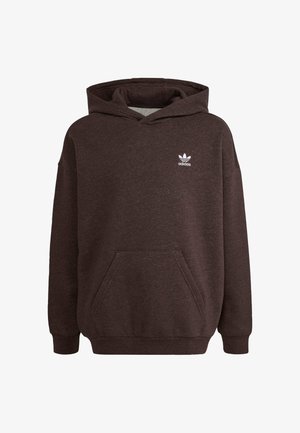 Brauner Kapuzenpullover aus weichem Material, mit einer vorderen Tasche und einem weißen Adidas-Logo auf der Brust. Lässige, entspannte Passform.