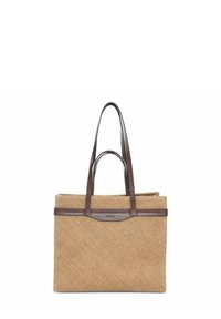 Brown woven tote bag with dark brown leather handles and accents. Rectangular shape, textured surface, and a subtle pattern in the material.