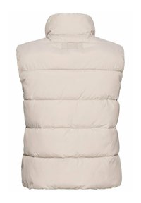 Padded ärmellose Weste in hellem Beige. Mit einem hohen, runden Kragen und horizontalen Steppnähten. Glatte Textur mit glänzendem Finish.