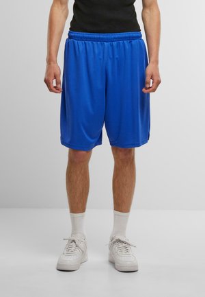 Blaue Sportshorts aus leichtem Stoff mit elastischem Bund, mit seitlichen Taschen, glatter Textur und lockerem Schnitt.