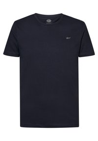 T-shirt in cotone blu navy con maniche corte, design a collo rotondo e un piccolo logo ricamato sul petto. Texture liscia, vestibilità classica.