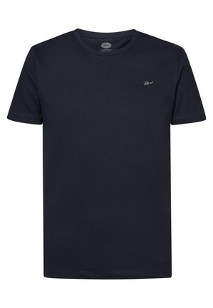 Tricou din bumbac de culoare bleu marin, cu mâneci scurte, design cu gât rotund și un mic logo brodat pe piept. Textură netedă, croială clasică.