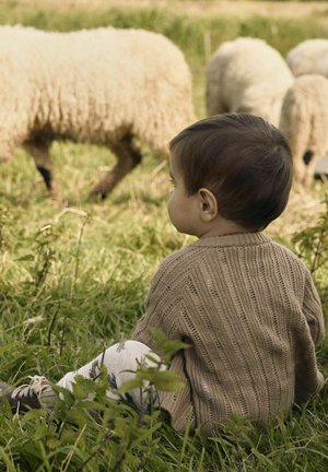 Ein Kind sitzt auf dem Gras, trägt einen strukturierten braunen Pullover und gemusterte helle Leggings, während im Hintergrund Schafe grasen.