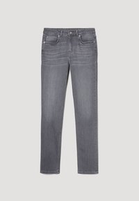 Grå denimjeans med rak bendesign, femfickors stil och subtil blekning. Inkluderar en knapp- och dragkedjeslutning.