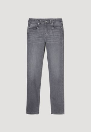 Šedé džínsy z denimu s rovnou nohavicí, pěti kapsami a jemným odřením. Obsahuje zapínání na knoflík a zip.