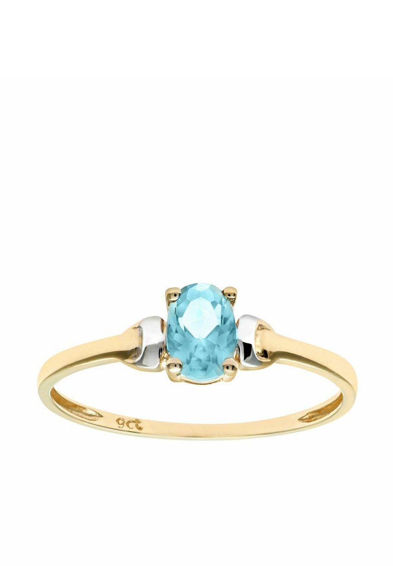 Anillo de oro con una piedra central ovalada de aguamarina, con acentos de plata a cada lado. El acabado suave y pulido realza el brillo.